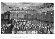 "The scene in Essex Street Chapel, London, for the centenary in 1874 of the congregation founded by Theophilus Lindsay in 1774."